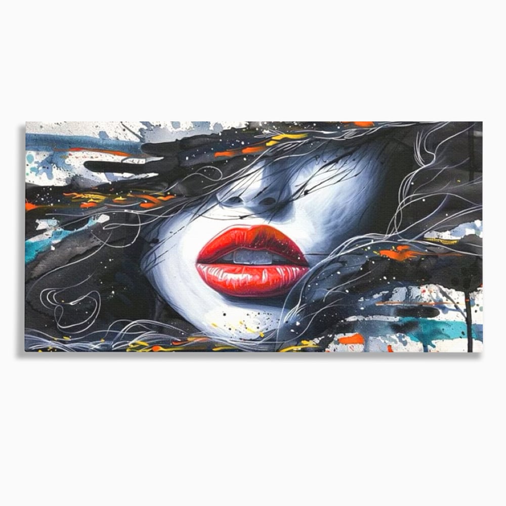 Tablou canvas cu tablou canvas cu buze rosii si par abstract, fara rama, pe sasiu de lemn